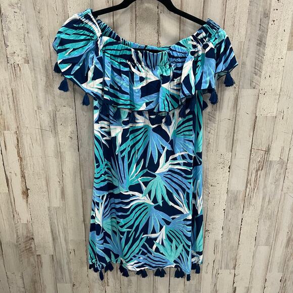 escapada Blue Tropical Floral Mini Dress Tunic Tassels Off The Shoulder XS - Picture 1 of 7